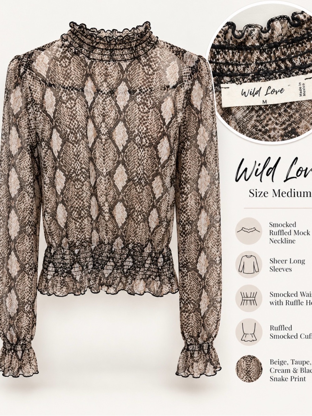 Wild Love Beige Taupe Sheer Snake-Print Ruffle Mock Neck Blouse